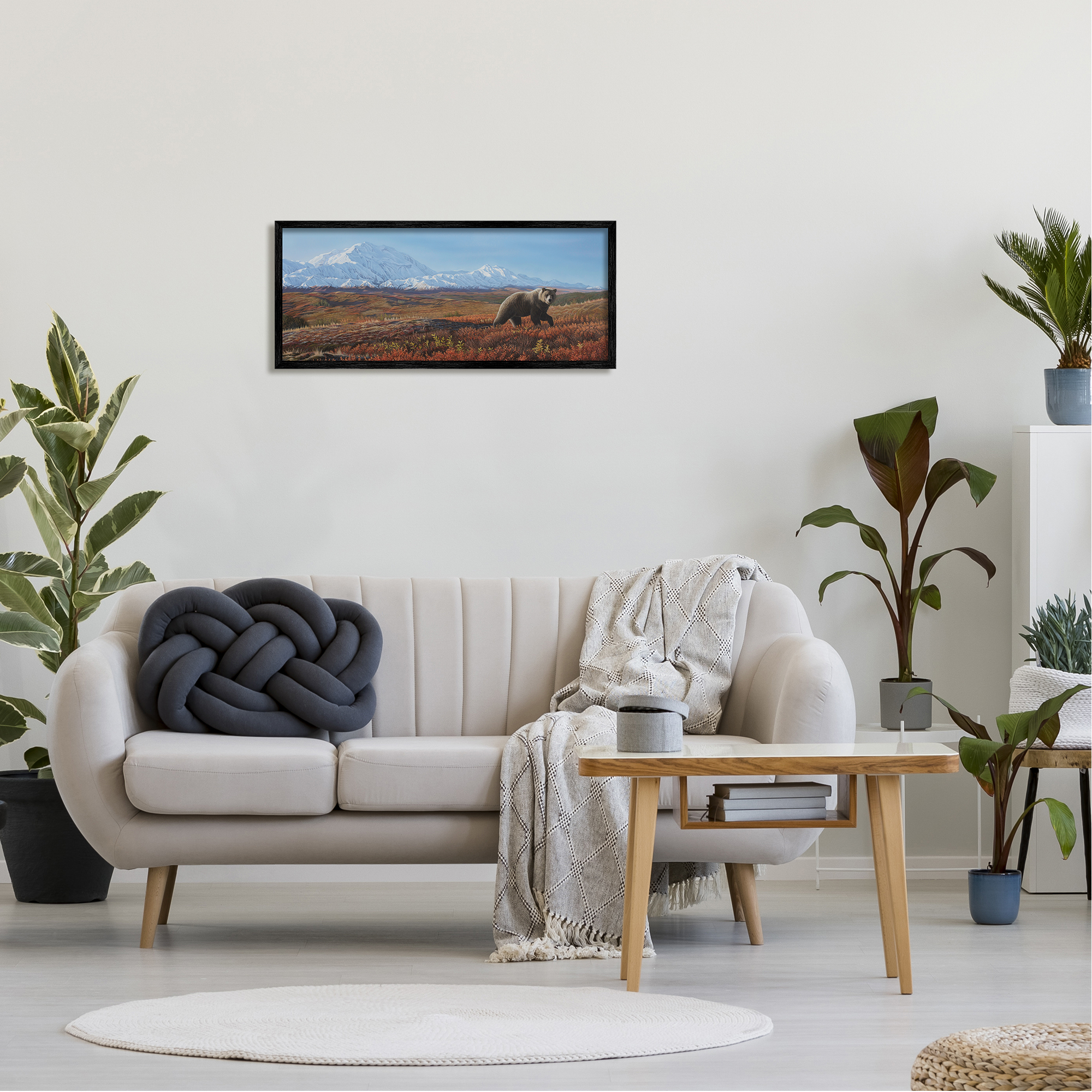 Stupell Industries Bear in Mountain Landscape Animals & Insects Painting Black Framed Art Print Wall Art, 30 x 13
