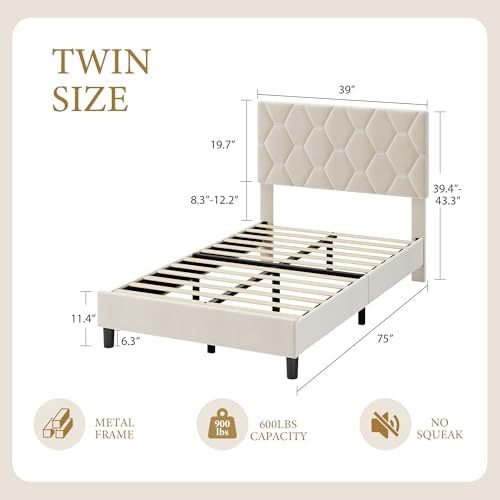 ChaoLink TWIN Size Platform Bed Frame with Upholstered Headboard, Fabric Upholstered Bed Frame with Adjustable Headboard, Bed FrameBeige linen