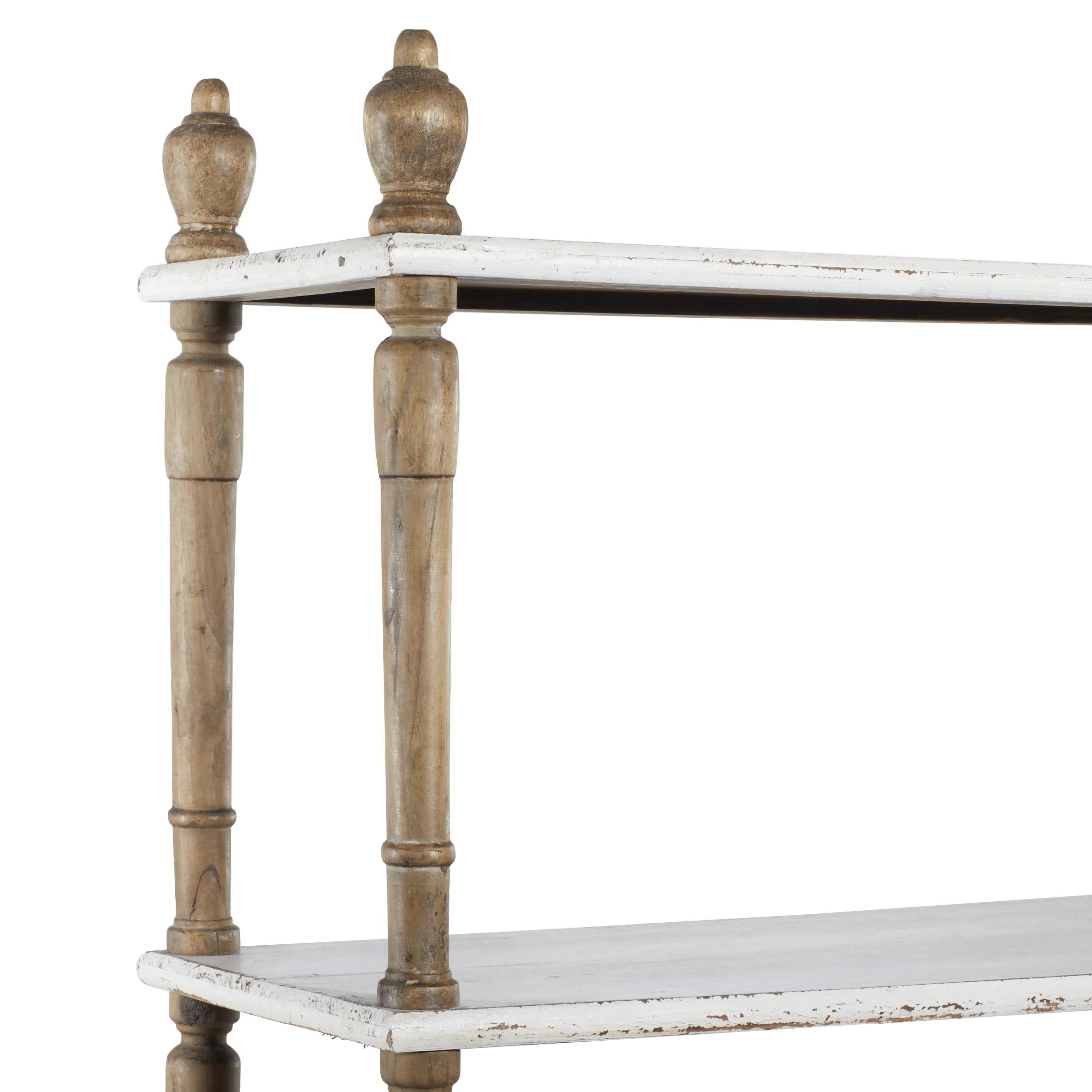 DecMode 37" x 75" White Wood Distressed Turned 5-Tier Shelving Unit with Brown Spindle Sides and Ball Feet, 1-Piece