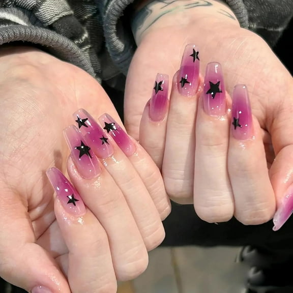 Press on Nails Long Coffin Fake Nails Glossy Glue on Nails Purple Ombre Acrylic Nails Ballerina Artificial Nails Star Stick on False Nails with Design 24 pcs 019A08Purple 0.04 Fl Oz (Pack of 24)