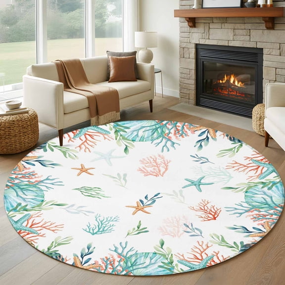 Round Rug 5Ft Washable Non-Slip, Beach Coastal Circle Area Rugs for Living Room Bedroom, Summer Coral Starfish Nautical Ocean Indoor Floor Mats Carpet Runner for Home Decor Aesthetic