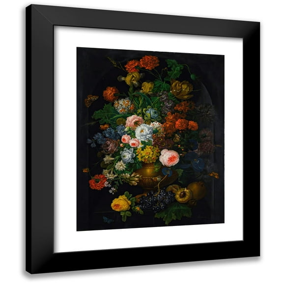 Johann Baptist Drechsler 12x14 Black Modern Framed Museum Art Print Titled - A Still Life of Flowers in a Vase with Butterflies (1811)