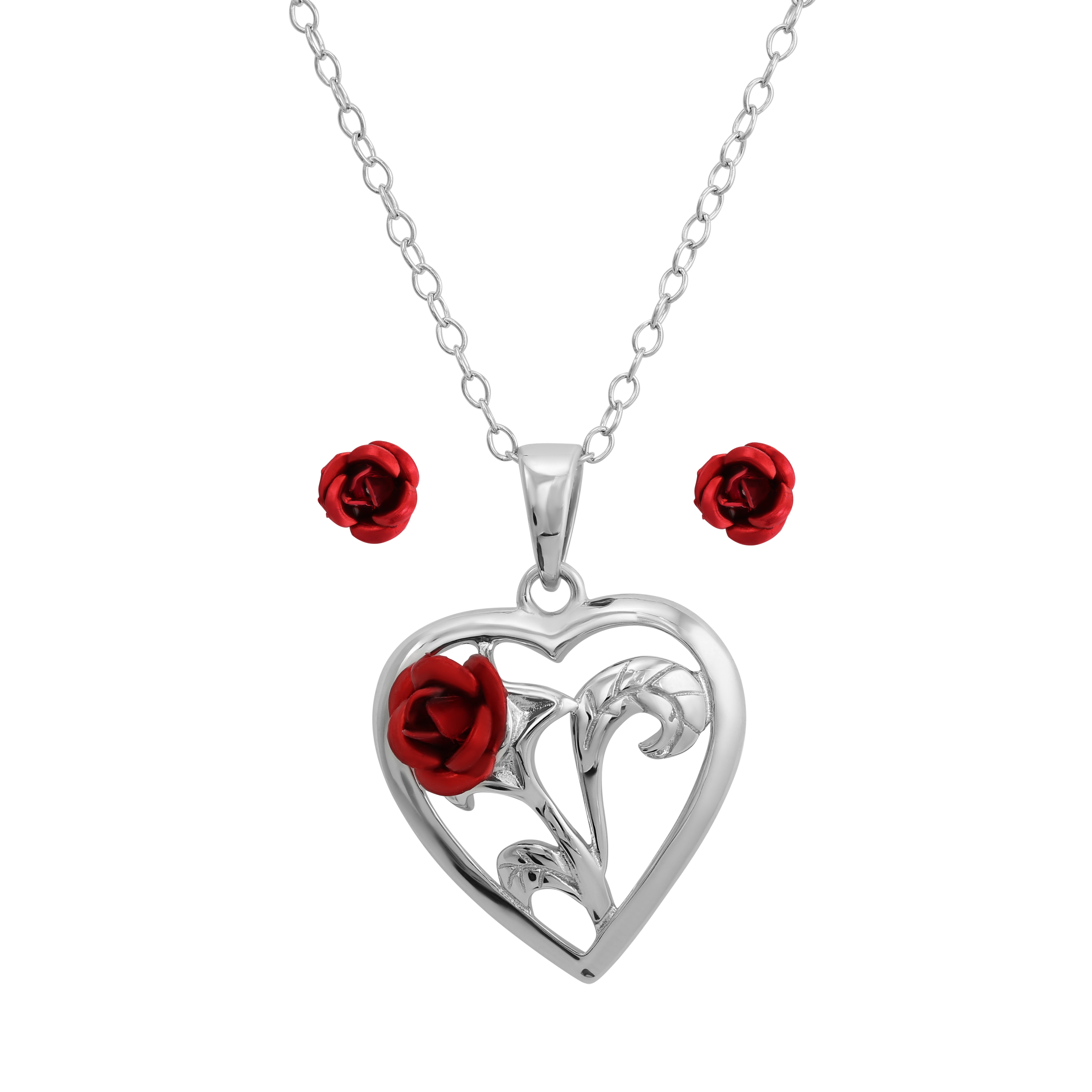 Brilliance Fine Jewelry Women's Sterling Silver Red Rose Heart Pendant and Stud Earring Set