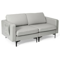Costway Modern Loveseat Leathaire 2-Seat Sofa Couch with  Side Storage Pocket Light Grey