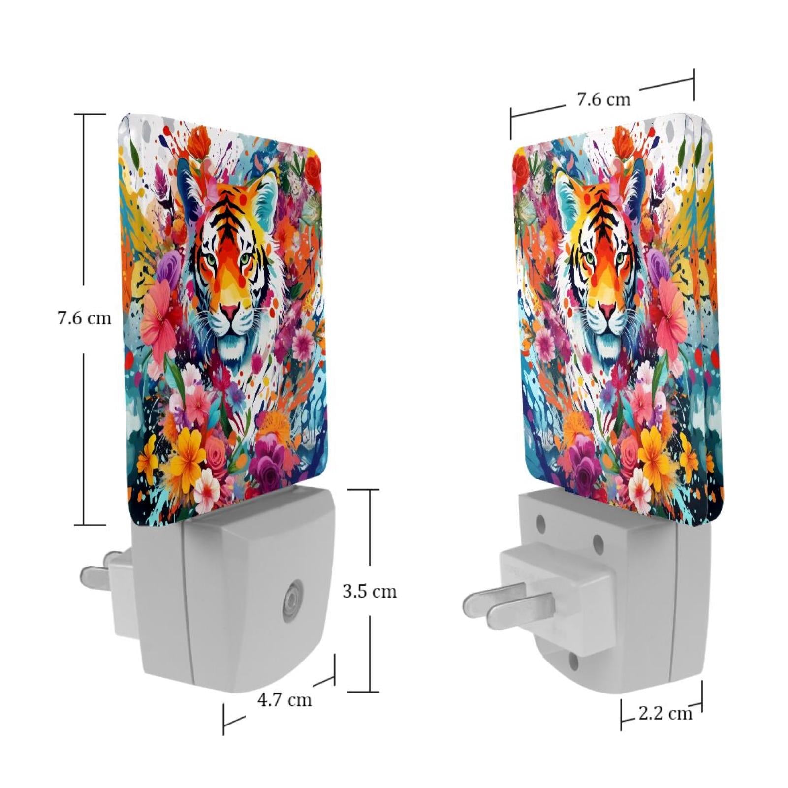 PhooArto Splashes Tiger and Flowers Pattern Plug in LED Night Light Auto Sensor Dusk to Dawn Decorative Night for Bedroom, Bathroom, Kitchen, Hallway, Stairs, Baby's Room, Energy Saving