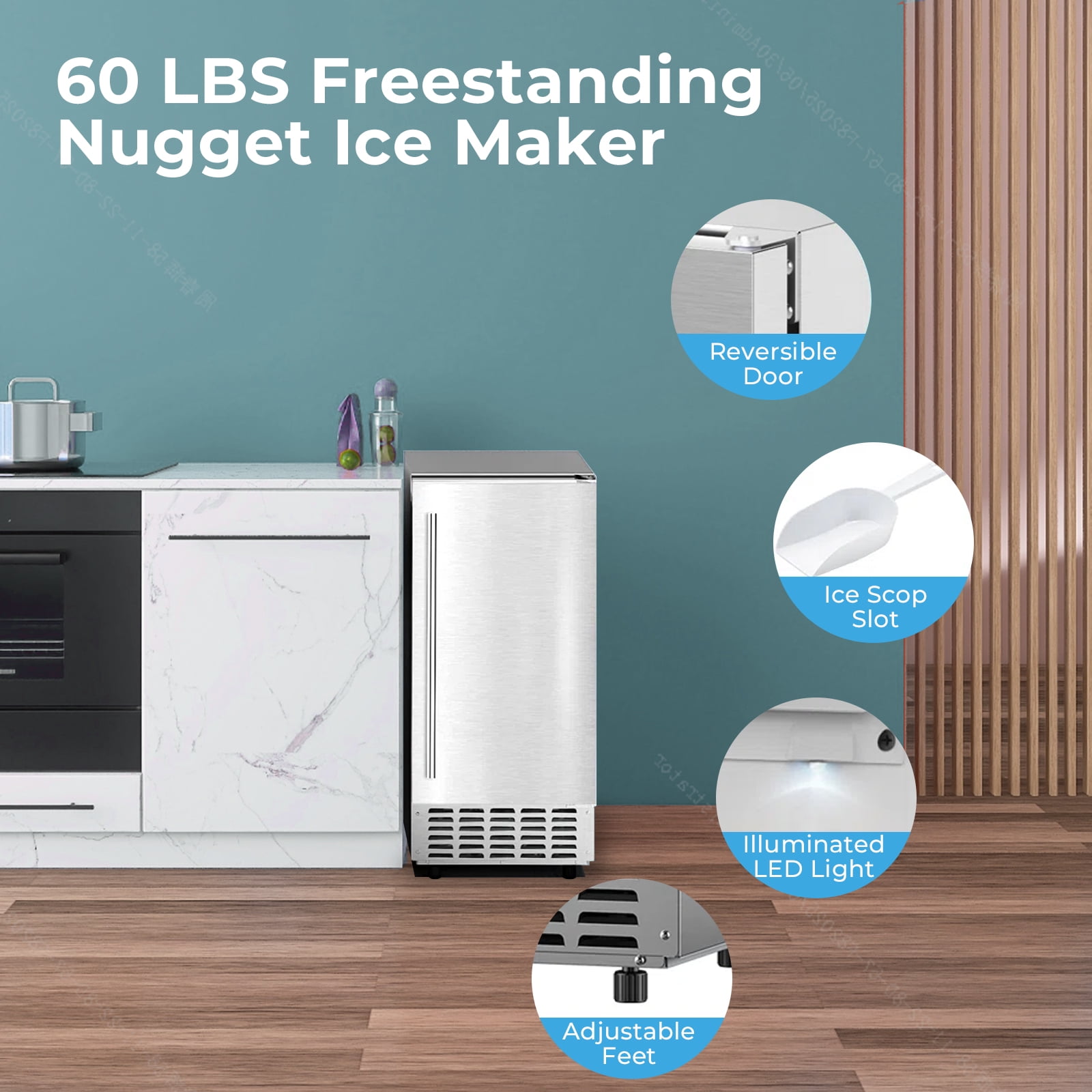 WAA Nugget Ice Maker Machine, Under Counter Ice Machine,Stainless Steel Built-in Freestanding Ice Maker,66Lbs/Day,LCD Panel/Self-Clean/24H Timer,for Home Kitchen Office Bar Party