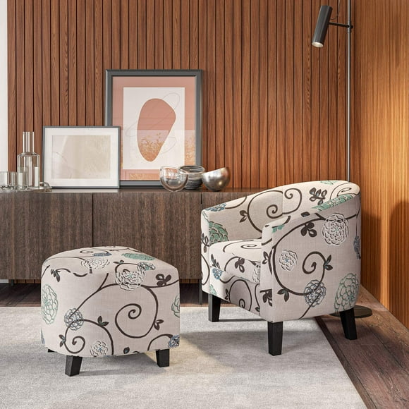BELLEZE Accent Chair with Ottoman, Curved Back Living Room Chair, Stylish Barrel Club Chair and Footrest Set, Upholstered Round Tub Reading Chair for Bedroom - Lydia (Floral Beige/Linen)