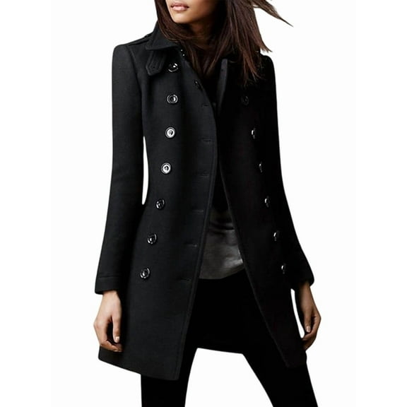 Women'S Winter Double Breasted Coat Elegant Lapel Collared Long Sleeves Blend Trench Pea Coat Black S
