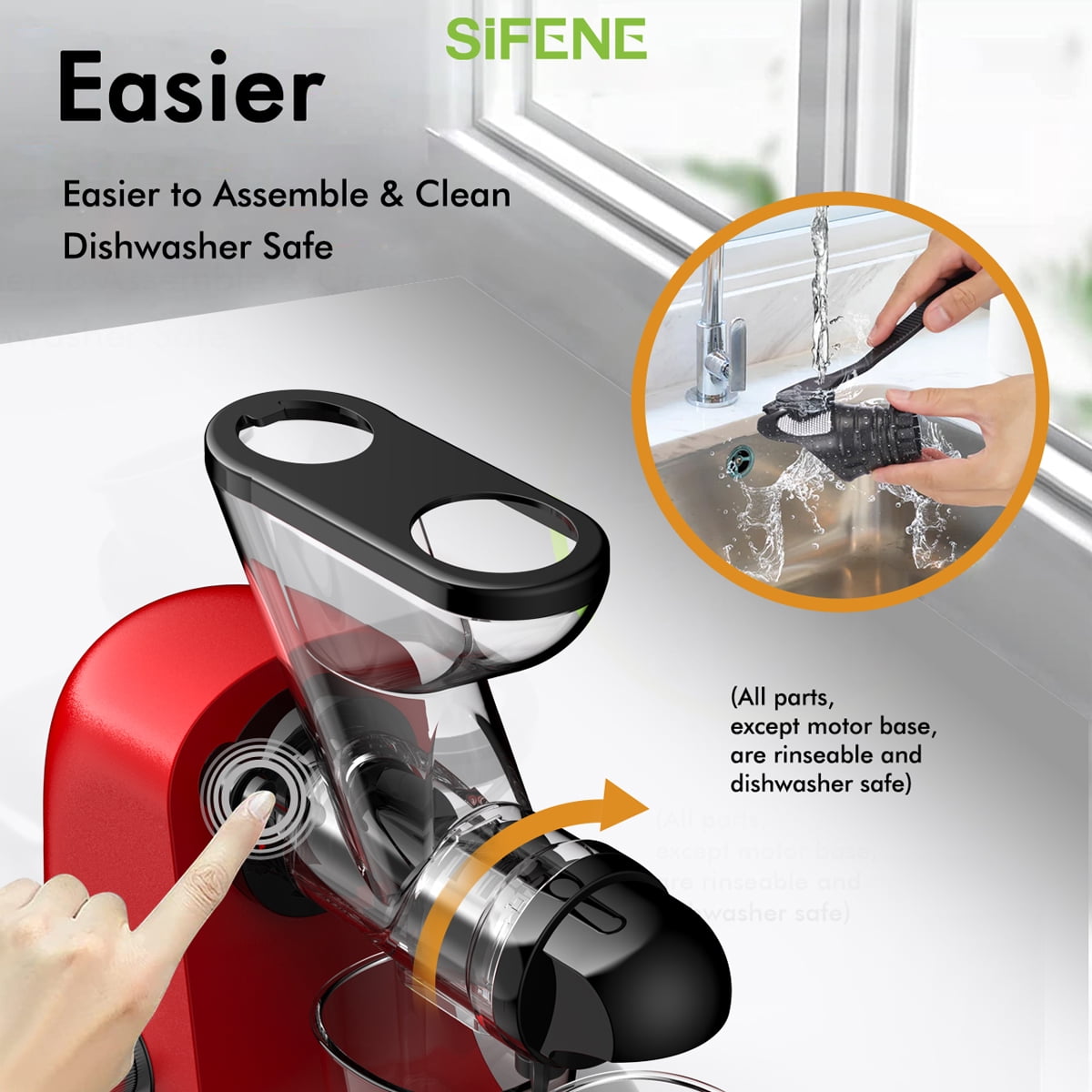 SiFENE Masticating Juicer Machine, Compact Slow Juicer - 100W, Easy Clean - Red