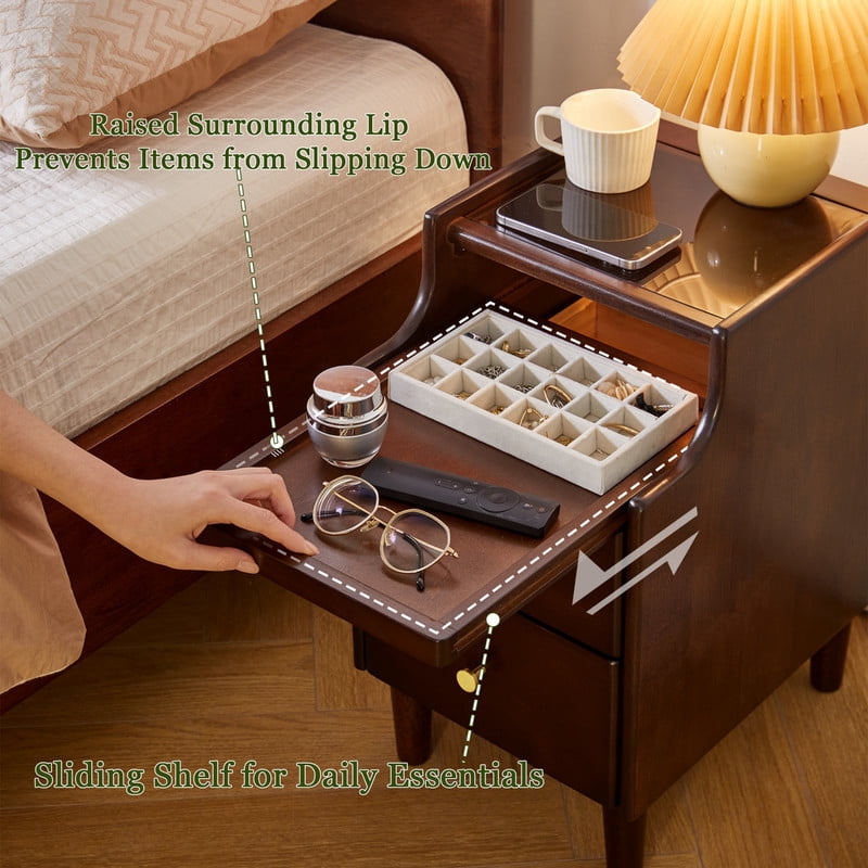 1PCS Solid Wood Nightstand with Drawers and Pull-Out Panel, Bedside Storage Table with Glass Flip Top, Sofa Side Table