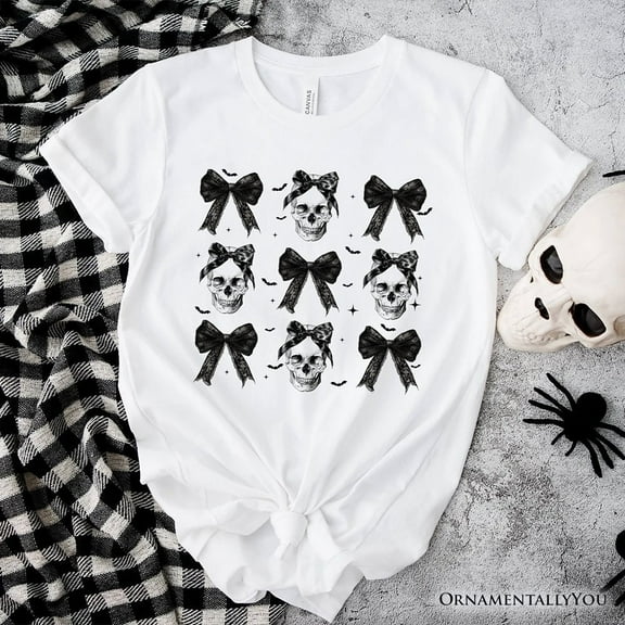 Coquette Skulls and Bows T-Shirt, Gothic Halloween Tee for Stylish Women