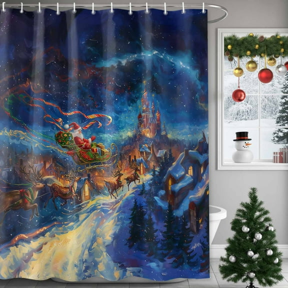 Christmas Shower Curtains for Bathroom, Santa Claus Sleigh Reindeer Aurora Oil Painting Waterproof Fabric Shower Curtain for Bathroom Bathtub Decoration, Machine Washable, 72"x72"