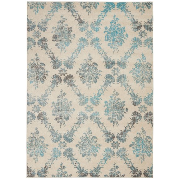 Nourison Tranquil 5'3" X 7'3" (5' x 7') Ivory/Turquoise Area Rug Vintage Floral Damask by Nourison
