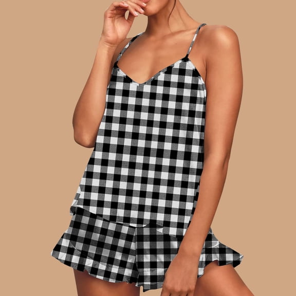 jobturf Satin Pajama Set for Women Summer Fashion Plaid Tank Top and Ruffle Hem Shorts Matching Pjs Loungewear Sets 2 Piece Outfits