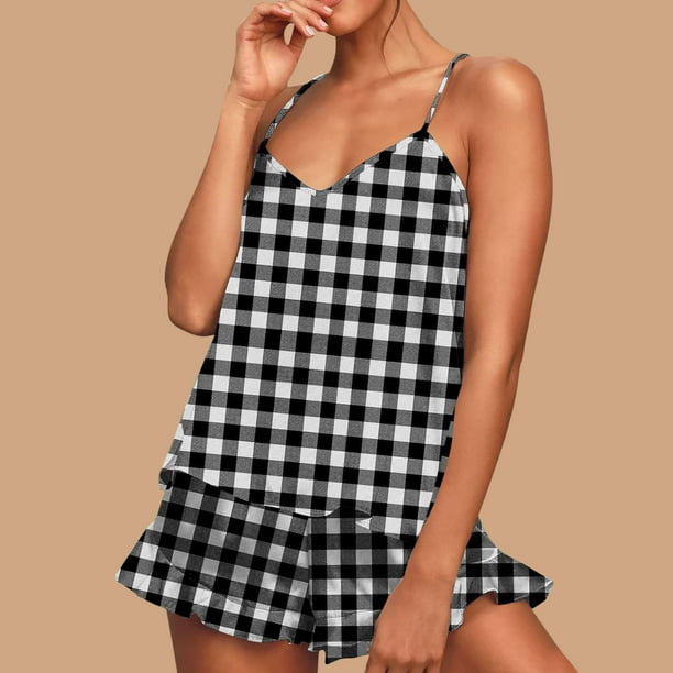 Conjunto de pijama de poliéster con tirantes finos y estampado de moda para mujer