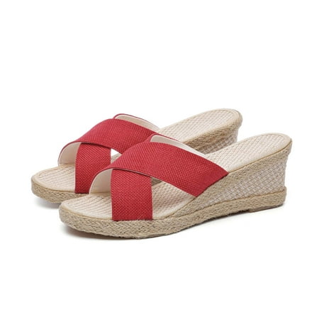 

Abcnature Women Sandals Clearance 2023! Women s Platform Wedge Sandals with Arch Support High Heels Shoes Linen Straw Sandals Wedges Casual Canvas Dress Slippers Summer Athletic Outdoor Beach Sandals