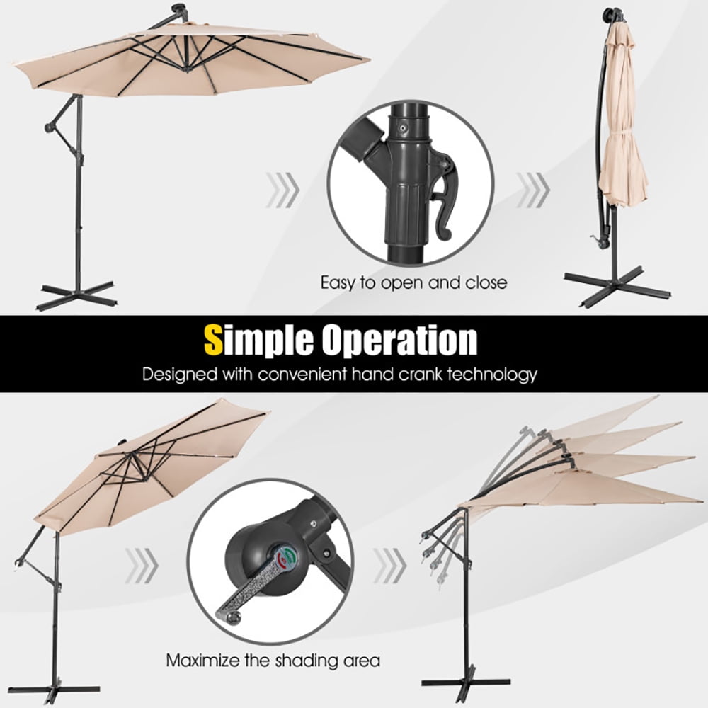 Aimee Lii 10 Feet Patio Solar Powered Cantilever Umbrella with Tilting System, Sunbrella Patio Umbrellas, Beige Aimee Lii 10 Feet Patio Solar Powered Cantilever Umbrella with Tilting System, Sunbrella Patio Umbrellas, Beige