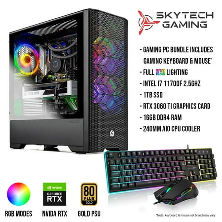 Skytech Blaze Gaming PC Desktop – INTEL Core i7 11700F 2.5 GHz, RTX 3060 Ti, 1TB NVME SSD, 16G DDR4 3200, 600W GOLD PSU, 240mm AIO, AC Wi-Fi, Windows 11 Home 64-bit