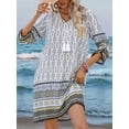 thumbnail image 5 of Women Casual Beach Summer Boho Tassel Tie Neck 3/4 Long Sleeve Short Floral Print Cover Up Sundresses White XL, 5 of 6