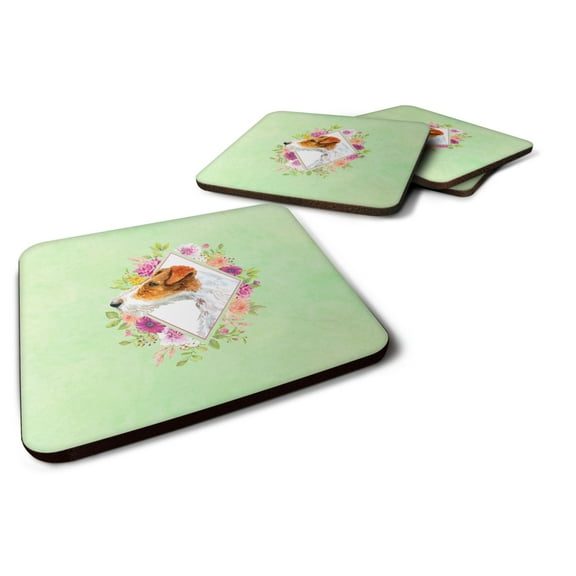 Carolines Treasures CK4302FC Jack Russell Terrier Design2 Green Flowers Foam Coaster Set of 4 3 1/2 x 3 1/2 multicolor