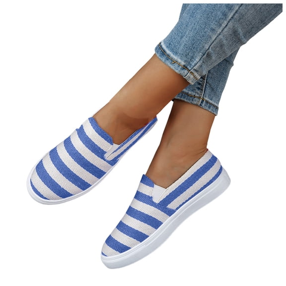 Womens Canvas Loafers Casual Trendy Color Block Elastic Slip on Flat Shoes Ligheweight Low Top Round Toe Walking Shoes Blue Size 7
