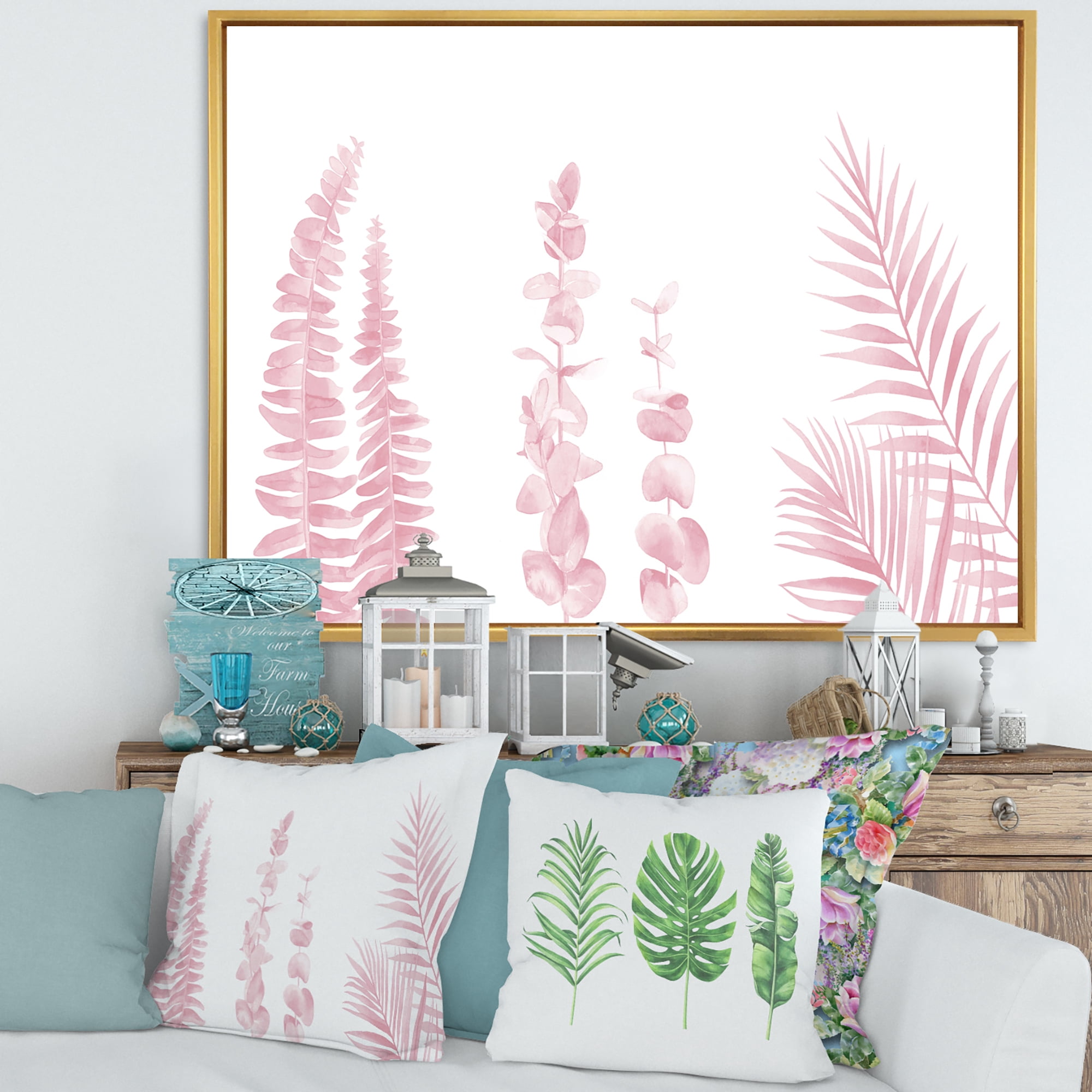Designart 'Palm Branches and Blush Pinkeucalyptus' Shabby Chic Framed Canvas Wall Art Print