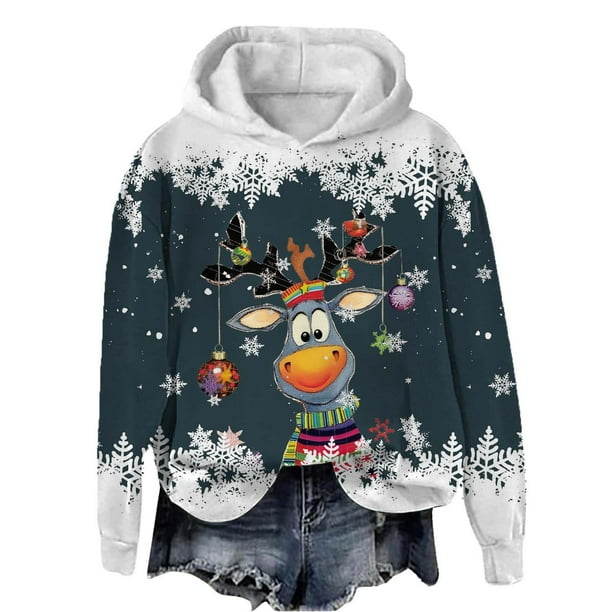 WILLBEST Sudadera de Mujer con Capucha, Estilo Casual, con Estampado Navideño de Ciervos con Cabeza Grande y Copos de Nieve Cuello Redondo, Manga Larga y Diseño Ligero X-Grande