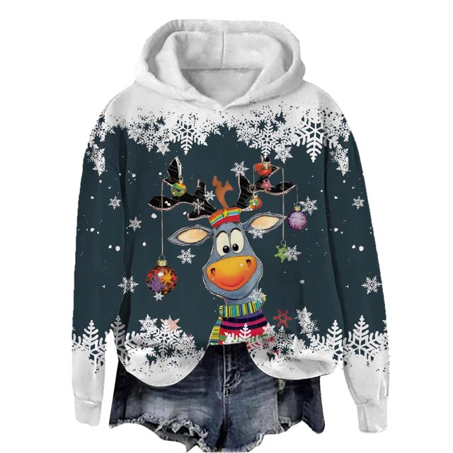 WILLBEST Sudadera de Mujer con Capucha, Estilo Casual, con Estampado Navideño de Ciervos con Cabeza Grande y Copos de Nieve Cuello Redondo, Manga Larga y Diseño Ligero Chica