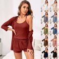 thumbnail image 4 of Conjunto de pijama de 3 piezas para mujer, camiseta de punto acanalado, pantalones cortos, ropa de dormir suave con bata y cárdigan, 4 of 5