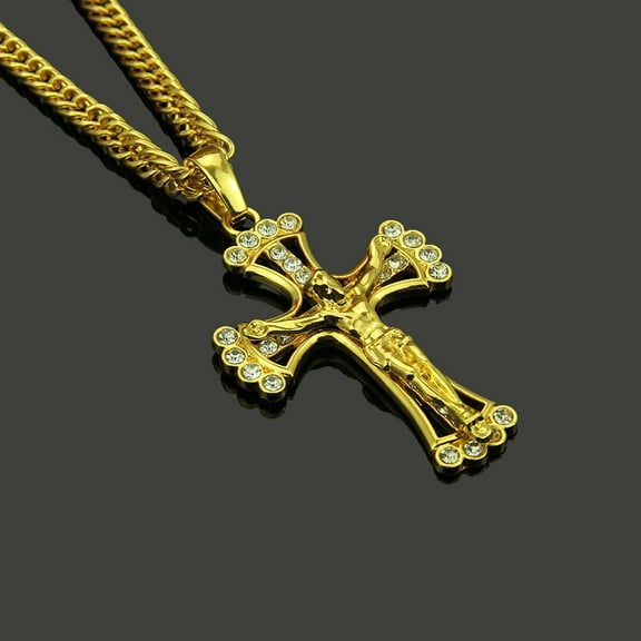Jesus Cross Necklace 14K Yellow Gold Black Vintage Style Pattern Cross Rope Chain Religious Christian Unisex Jewelry Gift
