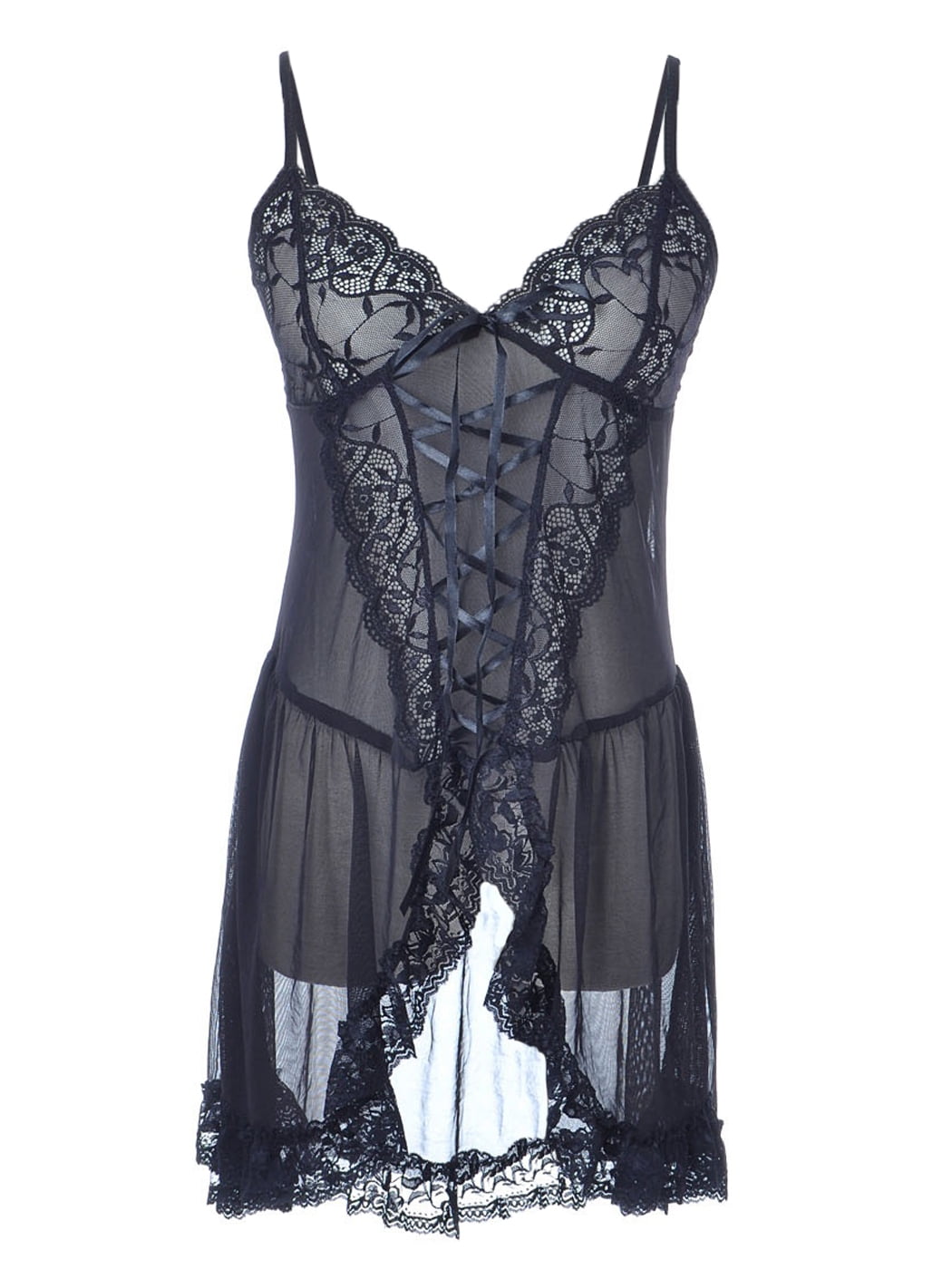 S/M Fit Black Floral Lace Up Corset Front Negligee w Matching Thong ...