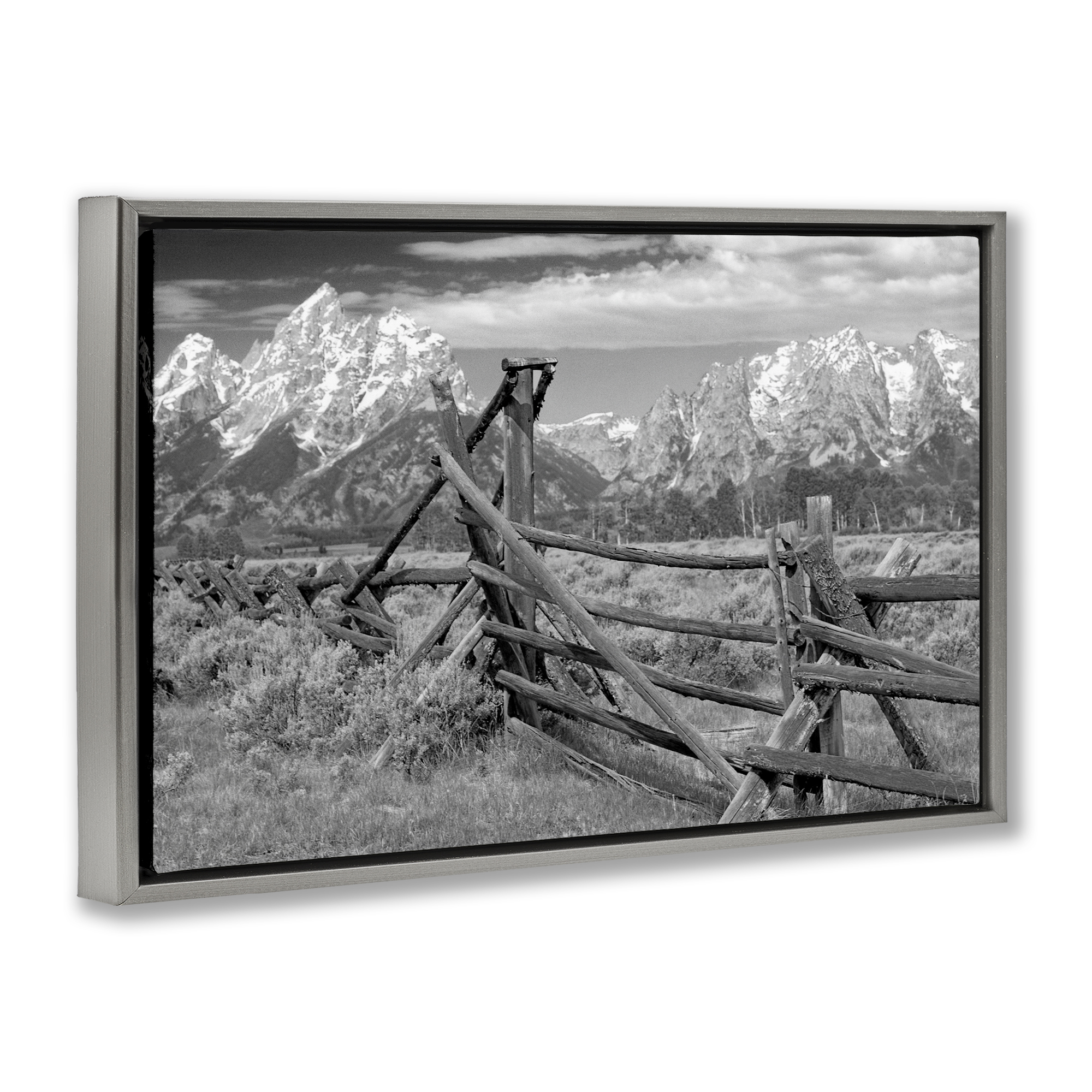 Grand Tetons Mountains & Fence Gray Framed Floater Canvas Wall Art, design by MJ Photography