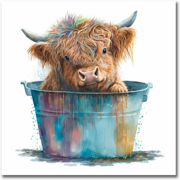 WFSposter Highland cattle Wall Decor Canvas Art Cartoon Prints watercolor style Pictures Posters Modern Artwork Paintings Home Wall Decoration Kids cute style Bedroom Gift (Unframed, 12x12 inch)