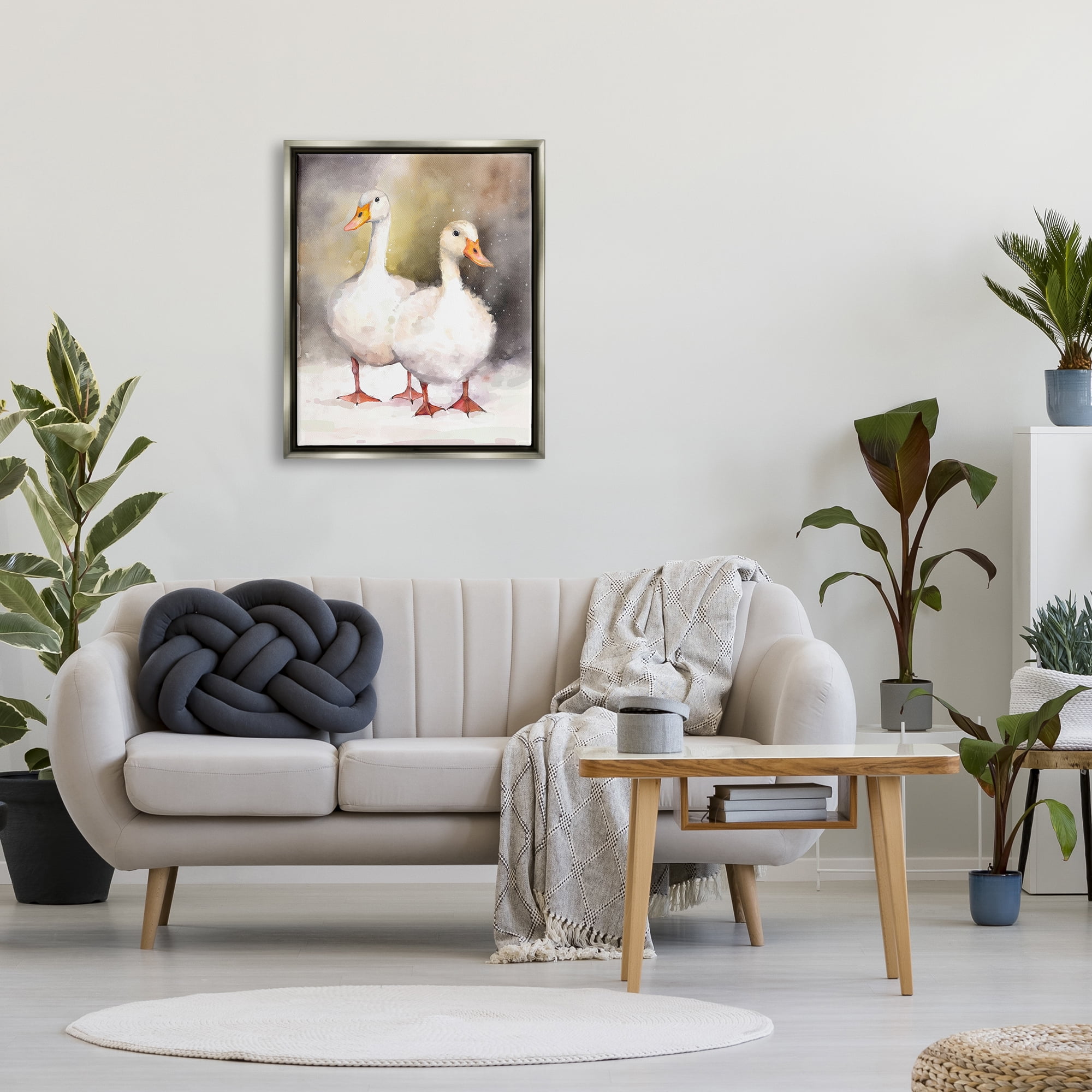 Stupell Industries Two White Ducks in Snow Animals & Insects Painting Gray Floater Framed Canvas Art Print Wall Art, 25 x 31