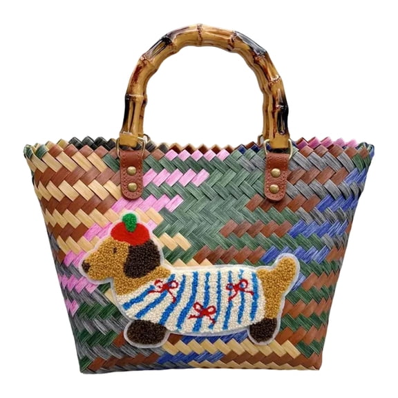 Yokua Stylish Women's Bag Retro Stripe and Dachshund Print Handbag for Shopping