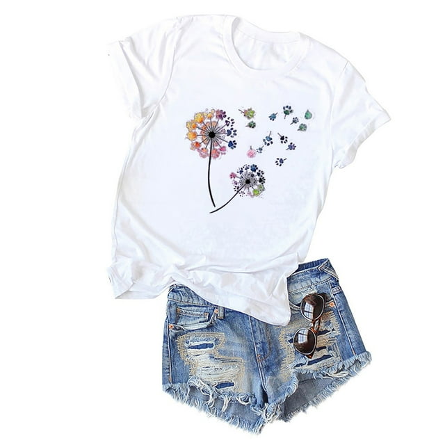 EQWLJWE Plus Size Women's Tops Summer Pattern Printed O-Neck Loose Short-Sleeved T-Shirt Tops Deals