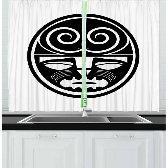 Ambesonne Ethnic Kitchen Curtains, Black Maori Design, 55"x39", Black and White
