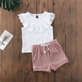 thumbnail image 2 of Girls' Ribbed Knit Summer Sets - Toddler Clothes 2 Piece Outfits Ruffle Lace Sleeveless Tank Top with Shorts (110, White), 2 of 7