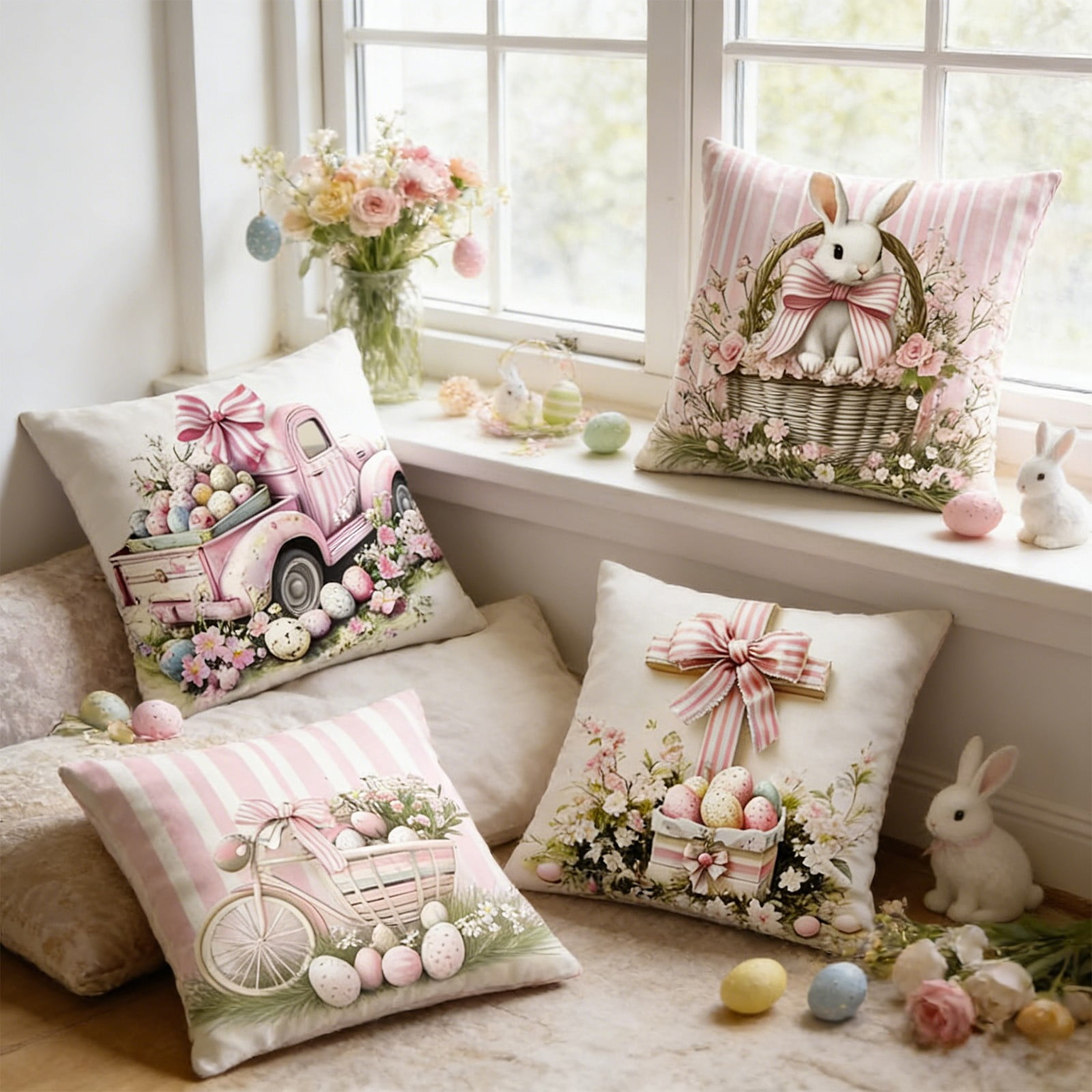 Set of 4 Easter Throw Pillow Covers 18x18 Inch, Linen-Like Bunny and Easter Egg Print Pillowcases for Sofa Couch Spring Home Decor