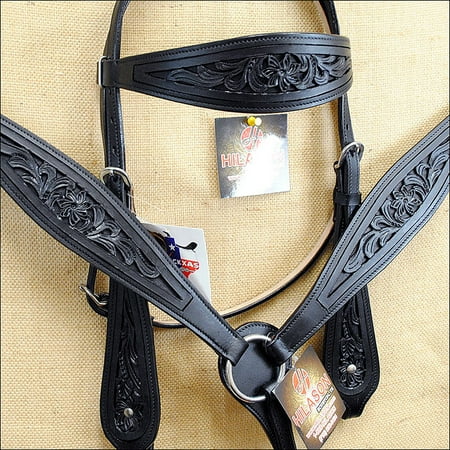 Hand Tooled Black Leather - HILASON WESTERN HAND TOOL AMERICAN LEATHER HORSE HEADSTALL BREAST COLLAR BLACK