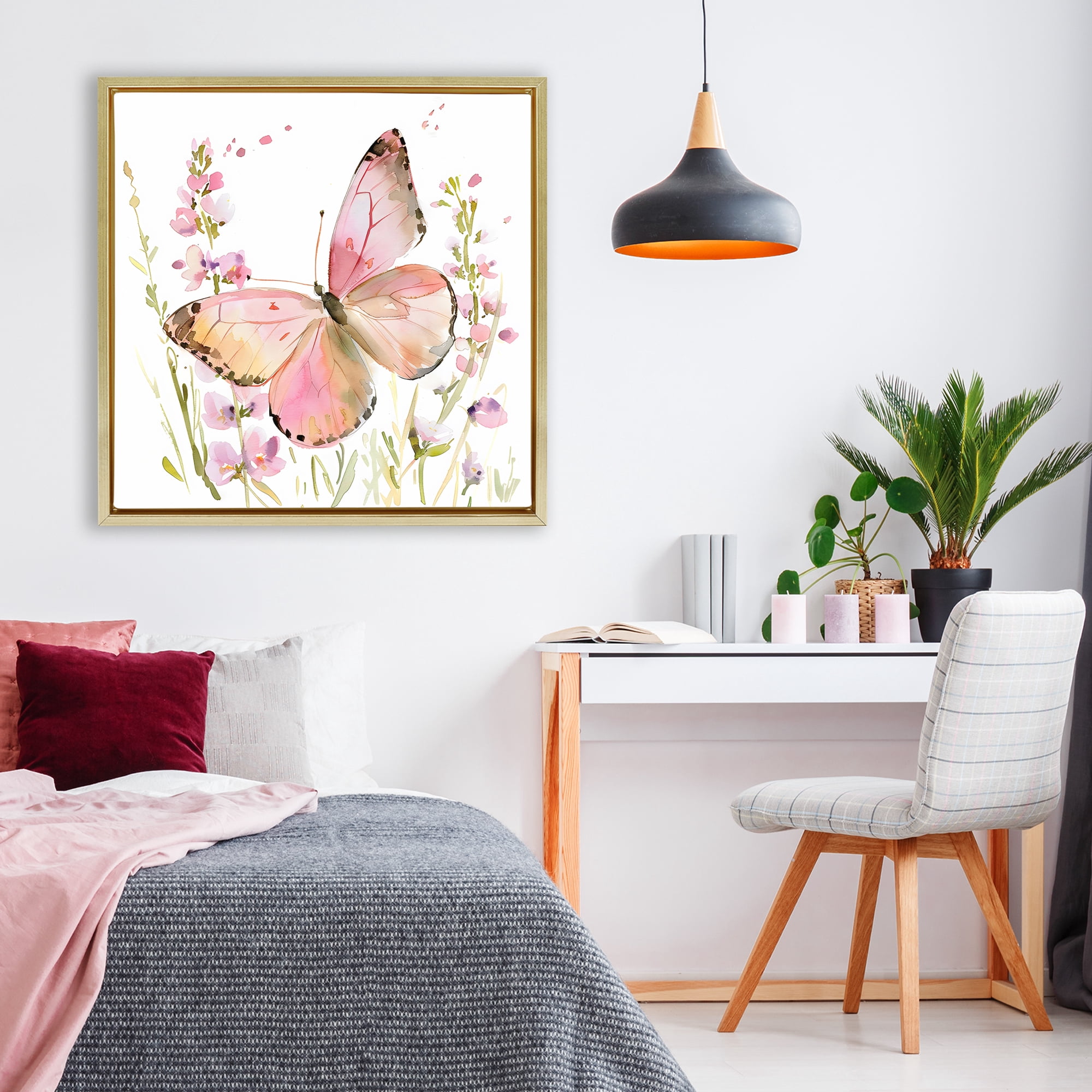 Stupell Industries Colorful Spring Butterfly Pink Gold Framed Floater Canvas Wall Art, design by Creative Studio