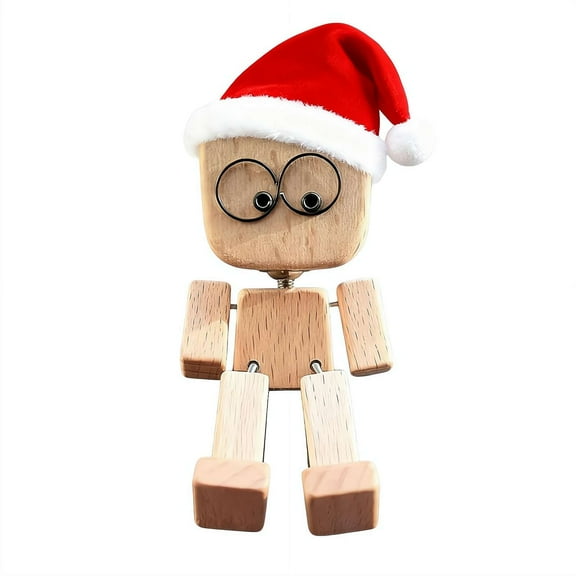 Christmas Shaking Wooden Man Figurine with 12 Types Magnetic Expressions, Shaking Feet Wooden Car Dashboard Decor with Santa Hat, Creative Desktop Decor