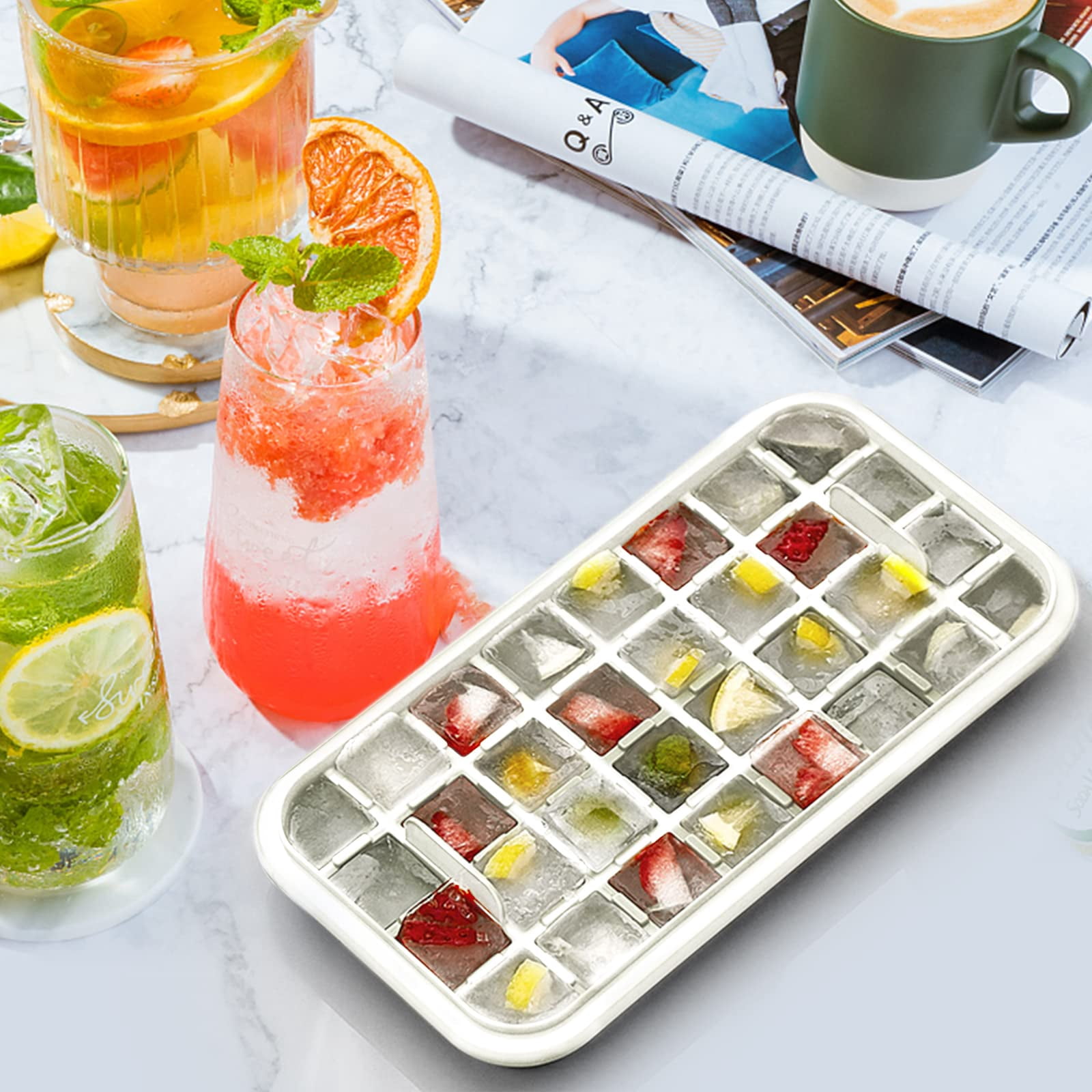 Ice Cube Tray With Lid And Bin  2 Pack For Freezer 64 Mold (white)