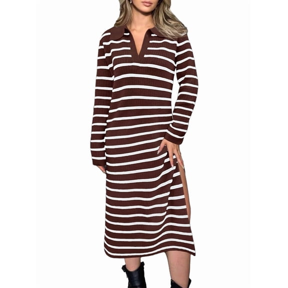 Womens Striped Sweater Dress Fall Chunky Knit V Neck Collared Long Sleeve Slit Loose Midi Dresses Brown XXL