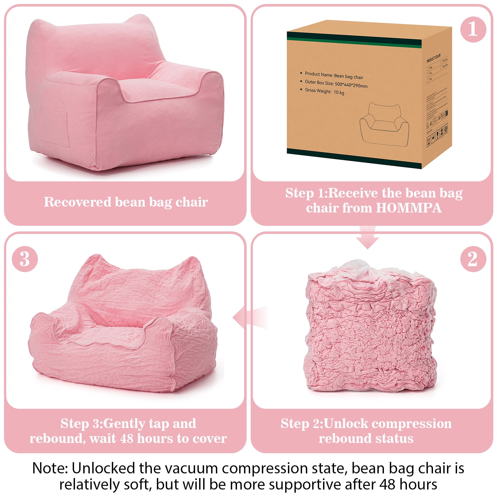 Lusimo Bean Bag Chair for Adults Teens, 3FT Lazy Memory Foam Bean Bag Sofa for Bedrooms, Cat-Ear Design Couch with Corduroy Washable Cover, Lounge Chairs with Pocket for Gaming, Reading, Pink