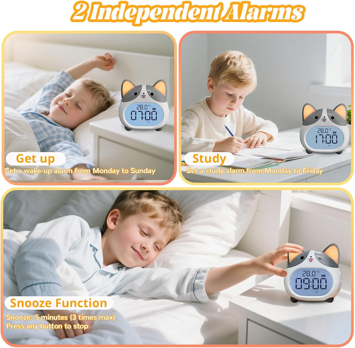 Alarm Clocks for Kids - Cute Dog Clock with Night Light, 6 Alarm Tones, Snooze, Timer, Date and Temperature Display - Rechargeable Battery Operated Digital Clocks for Bedroom Kids Room