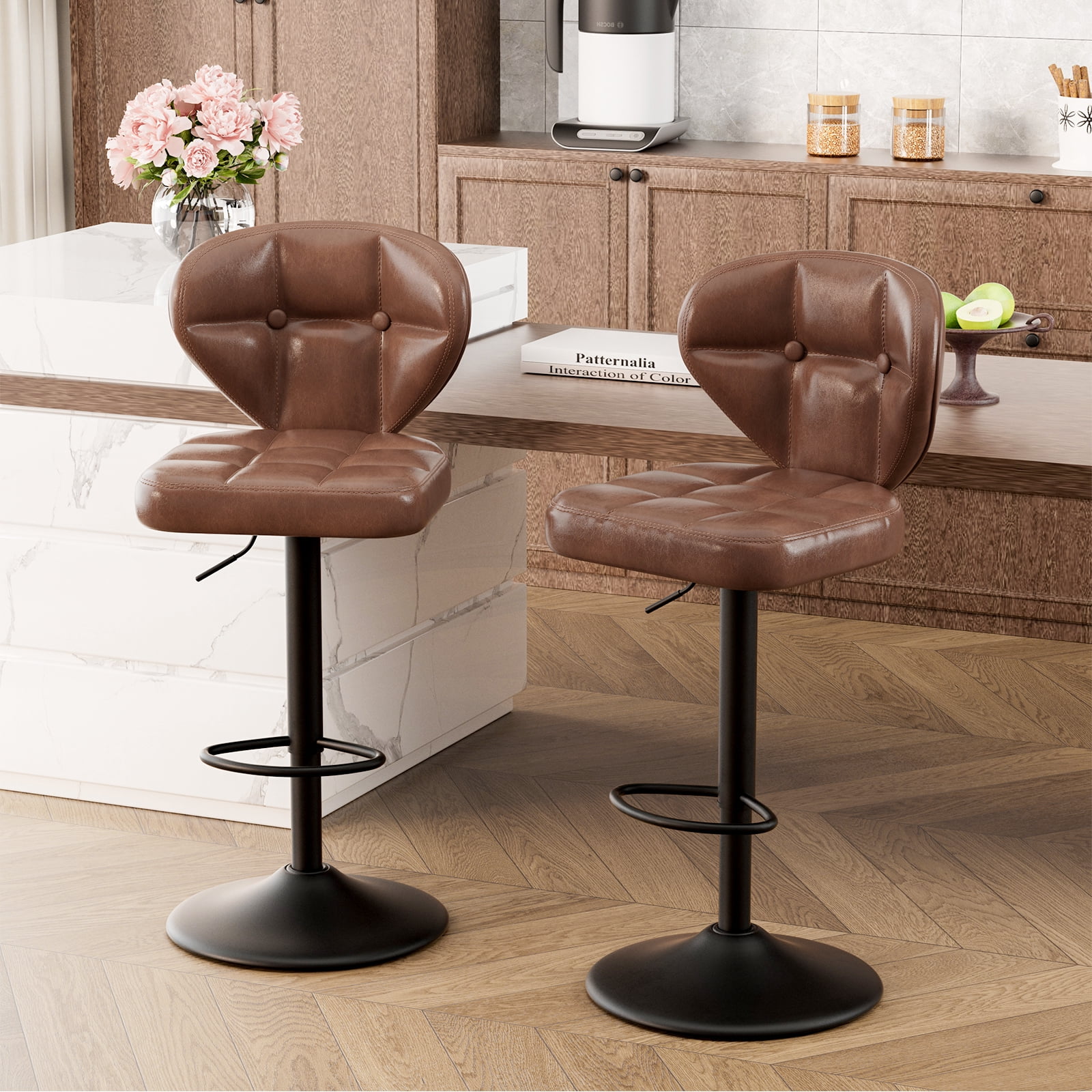 Hawsaiy Vintage Style Leather Bar Stool Set of 2 with Button-Tufted Design,Brown