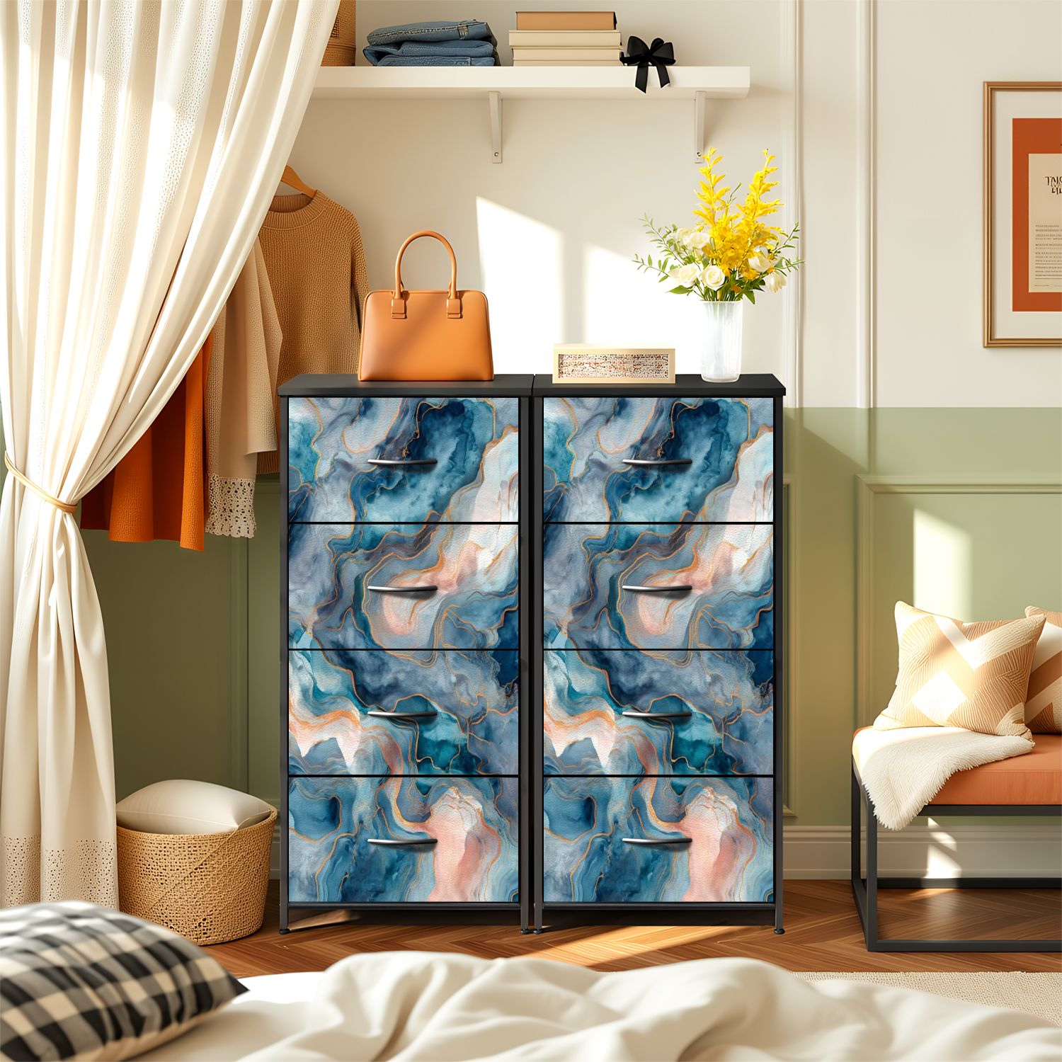 4 Drawer Vertical Storage Dresser Marble Alcohol Ink Marble watercolor seamless banners posters with Wood Top Fabric Pull Drawers