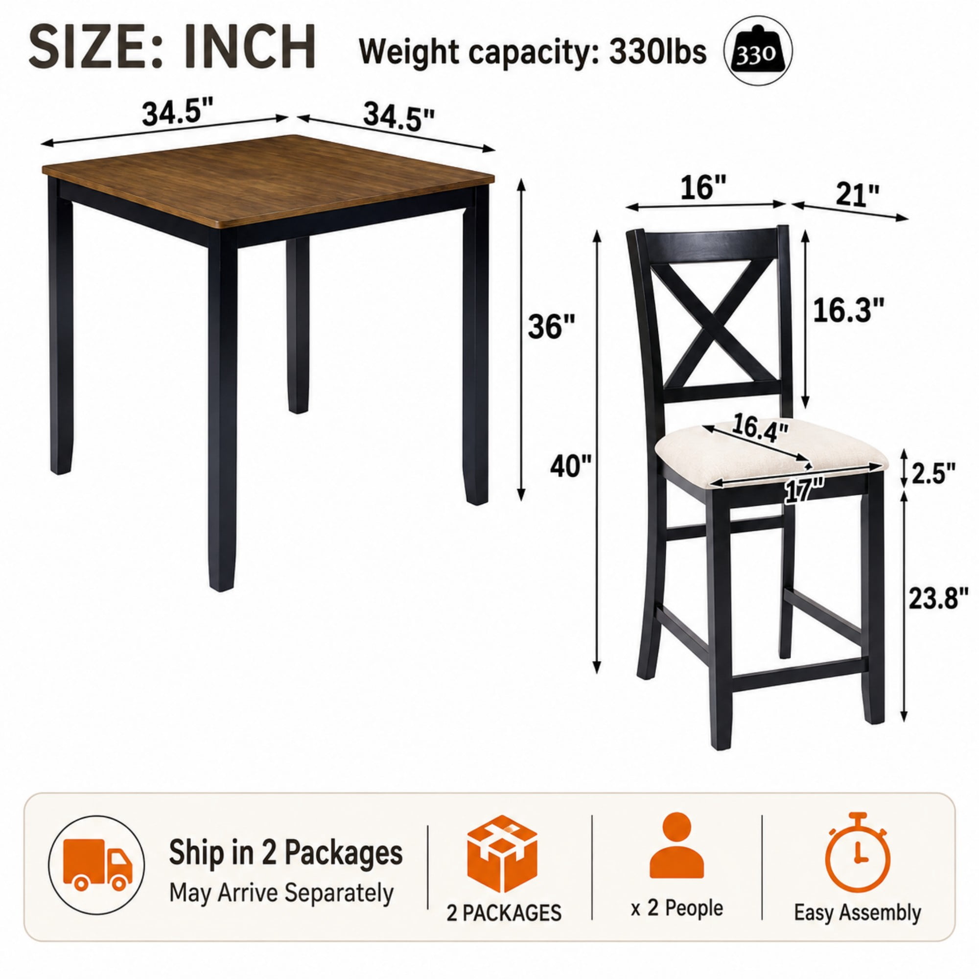 BSHTI 5-Piece Counter Height Dining Table Set – 34.5" Kitchen Square Table with 4 Chairs, X-Back Design, Linen Upholstery 4 Chair Dining Table Set, Solid Wood Frame（Black & Oak + Beige）
