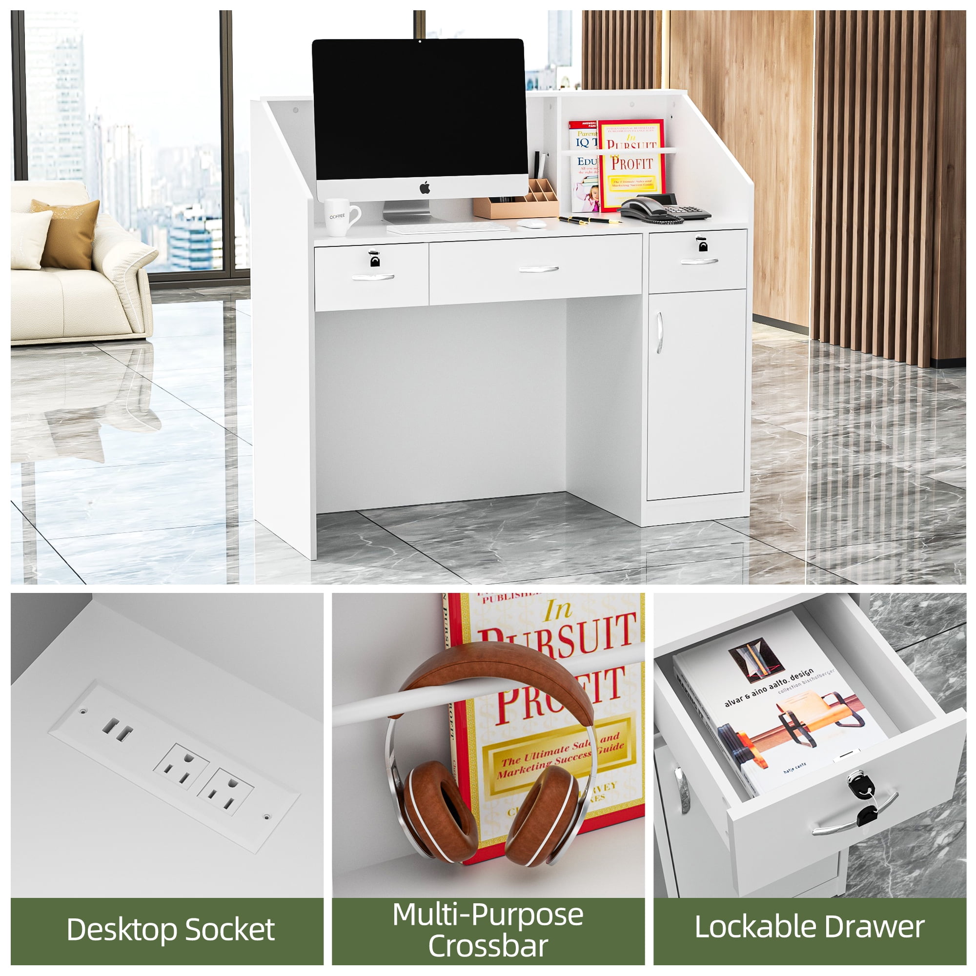 AHB 50-inch Reception Desk with Counter, Front Desk Office Desk with Storage Shelves, White